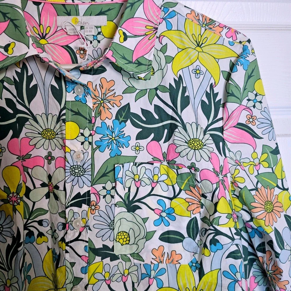 Boden Womens Floral Button Down Shirt Pink Colorful Spring Cotton 8R Bold Retro - Picture 3 of 6